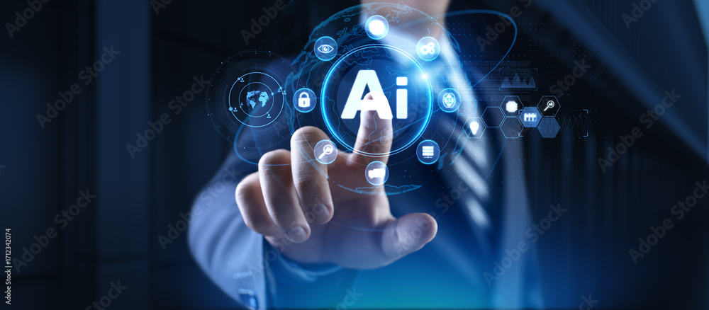 Poster artificial intelligence technology and digital transformation interface projected on virtual screen.