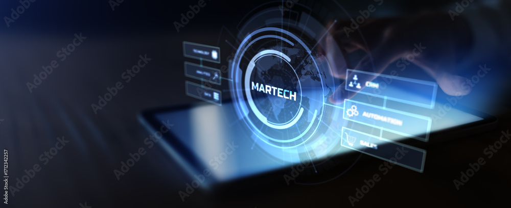 Poster martech solutions with crm automation data and sales integration.