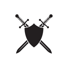 Black silhouette of two crossed swords behind a shield, representing medieval combat and defense, isolated on white background technology background