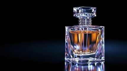 Elegant glass perfume bottle with amber liquid on dark background reflecting luxury and sophistication, dramatic side lighting creates captivating glow and reflections.