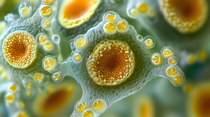 A stunning microscopic close-up reveals the intricate cell structures with vibrant yellow and green hues, illustrating the complexity of biological life forms.