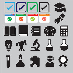 Collection of education and learning icons and symbols on a gray background
