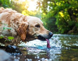 Golden Retriever drinking from a stream