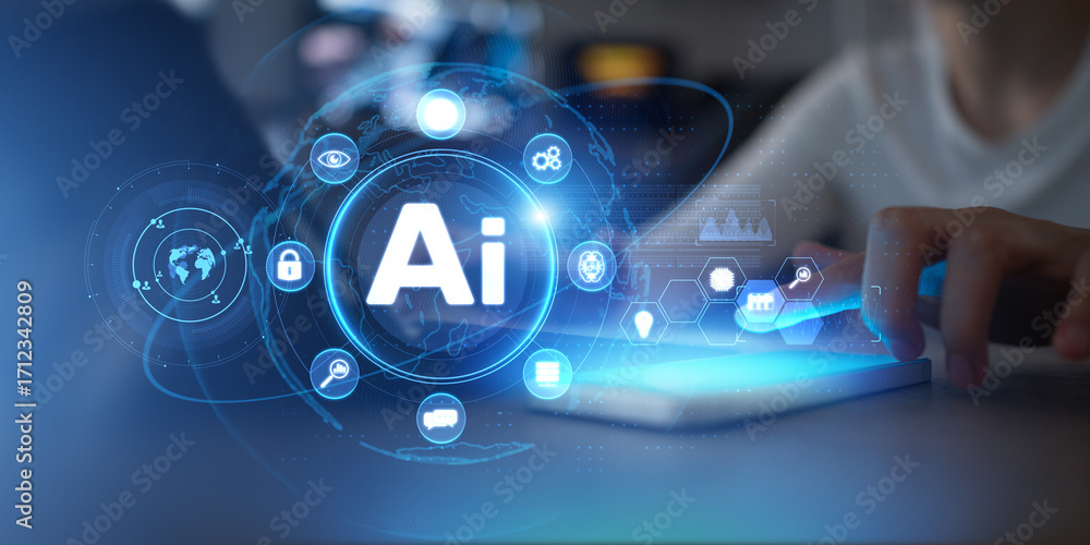 Poster artificial intelligence and machine learning integration in global digital technology.
