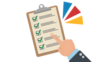 Hand checking off items on a to-do list with colorful graphic elements symbolizing progress and success