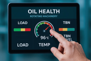 Oil health analysis for rotating machinery dashboard with temperature gauge and maintenance indicator conveying industrial monitoring urgency