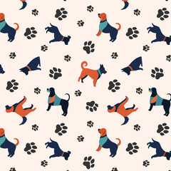 Dog tracks and colorful dogs.Vector seamless pattern with colorful stylized dogs and footprints on a light background.