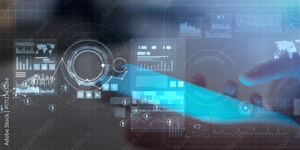 Poster advanced data analytics and machine learning visualization on digital interface.