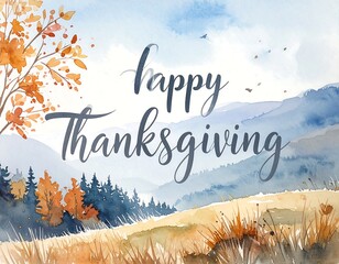 Watercolor Thanksgiving card with autumnal landscape