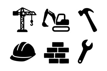 Crane, excavator, hammer, hard hat, bricks, and wrench in black silhouette style.
