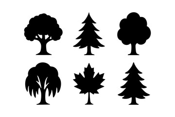 Tree icons in black silhouette style: oak, pine, round tree, willow, maple, and fir.