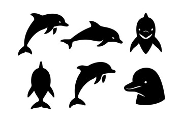 Dolphin icons in black silhouette style: jumping dolphin, swimming dolphin, front view, side view, diving dolphin, and dolphin head.