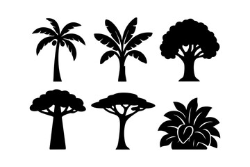 Tropical tree icons in black silhouette style: palm, banana tree, oak, baobab, acacia, and bush.
