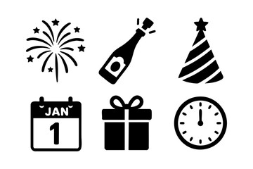 New Year icons in black silhouette style: fireworks, champagne bottle, party hat, calendar (January 1), gift box, and clock at midnight.