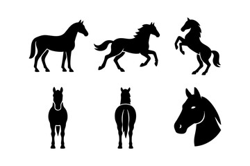 Horse icons in black silhouette style: standing horse, running horse, rearing horse, front view, back view, and horse head.