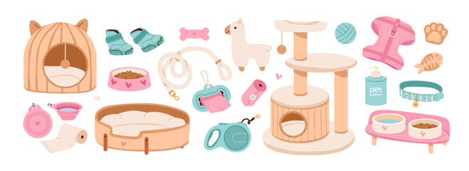 Pet accessories set with scratching post, bed, leash, collar, toys, and supplies for cats and dogs. Pet care collection including grooming items and playful accessories for domestic animals.