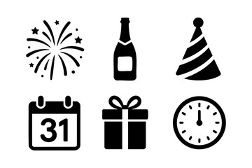New Year icons in black silhouette style: fireworks, champagne bottle, party hat, calendar (January 1), gift box, and clock at midnight.