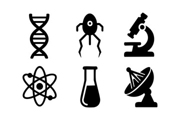 Icons in black silhouette style: DNA strand, bacteriophage, microscope, atom, test tube, satellite dish.