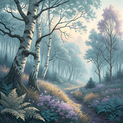 Misty woodland path bathed in soft morning light gouache painting serene nature scene illustration