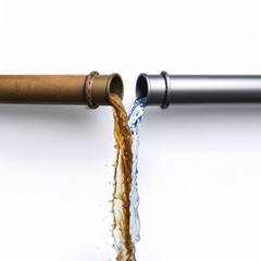 Fototapeta premium 対照的な水の流れ：古いパイプから流れる汚れた茶色の水と、新しいパイプから流れる透明な青い水が合流する様子。技術の進歩や環境問題、新旧の融合を象徴するコンセプト映像。