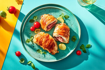 Ham Stuffed Chicken Breasts on Teal Plate