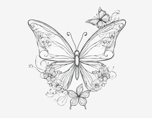 Abstract Line Art of a Butterfly with Floral Elements, Delicate and Artistic Design for Spring-Themed Invitations and Crafts.
