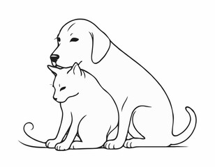 Detailed Line Art Composition of a Dog and Cat Nuzzling, Expressing Affection and Friendship, Perfect for Veterinary Clinics.