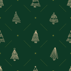 A modern and elegant seamless pattern featuring hand-drawn gold Christmas trees on a deep green background. The design includes a variety of stylized tree shapes.