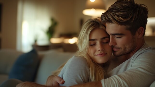 Young couple embracing in living room. Realistic video of man and blonde girl on sofa. Slow motion of a kissing motion in a kitchen slow motion. A young pair hugging in lifestyle a lounge.