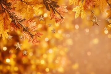 Golden autumn background with blank space for text, festive concept for happy autumn party, cozy atmosphere with bright colorful decorations, fall leaves and branches, magic lights, bokeh and stars