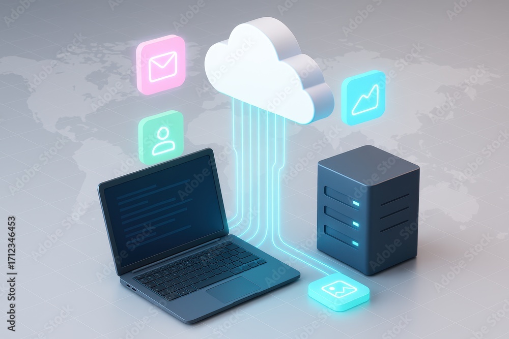 Poster cloud computing: depicting a laptop connected to a cloud and server, symbolizing data storage and gl