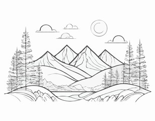 Abstract Line Art Landscape with Mountains, Sun, and Trees, Hand-Drawn Vector Illustration for Nature-Themed Designs and Outdoor Adventure Promotion.