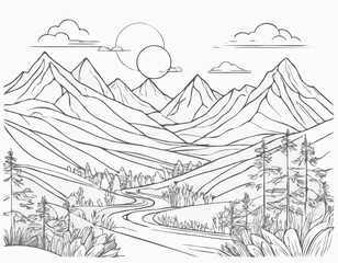 Abstract Line Art Landscape with Mountains, Sun, and Trees, Hand-Drawn Vector Illustration for Nature-Themed Designs and Outdoor Adventure Promotion.