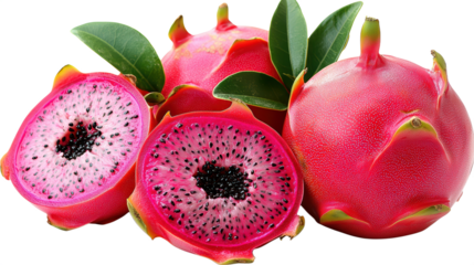 Freshly sliced red dragon fruit with green leaves presented isolated on transparent backdrop showcasing vibrant pink fruit and tiny black seeds.