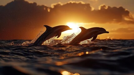 Fototapeta premium Two dolphins leap in silhouette at sunset