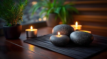 Glowing candles in stone holders on dark wooden tray create peaceful spa atmosphere with green plants and warm ambient lighting for wellness and meditation.