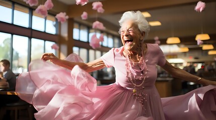 Senior Asian woman in flowing pink dress dancing joyfully at celebration, arms outstretched with pink petals falling around her, expressing pure happiness and vitality.