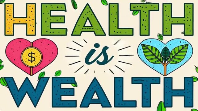 Vibrant Illustrative Quote Graphic: Health is Wealth with Heart, Money, Leaf Icons in Colorful Hand-Drawn Style for Wellness Motivation