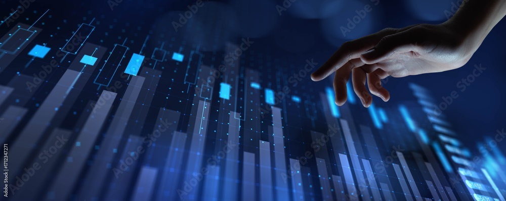 Poster human interaction with advanced digital financial market analysis and data visualization.