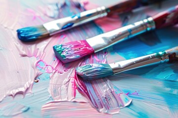 Fototapeta premium Close-up of three paintbrushes resting on a palette with vibrant, textured acrylic paint in pink, blue, and purple hues. The paint is thickly applied, showing brushstrokes