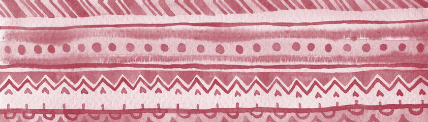 Ethnic abstract striped horizontal background. Burgundy raster watercolor ornate banner template.