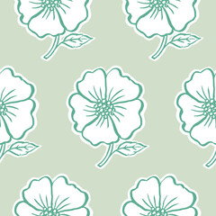 Simple seamless pattern with rose hip bloom in green color palette.