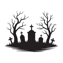 Silhouette of a graveyard with tombstones and dead trees, isolated on white background technology background