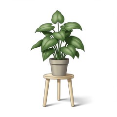 Indoor Green Houseplant in Grey Pot on a Wooden Stool in Minimalist Style