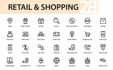 Retail shopping store professional line icon collection. Minimal modern vector pack with premium cash register, tag, basket, and money illustrations