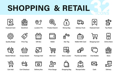Shopping retail store modern line icon collection. Professional vector pack of minimal sale, bag, cart, cash, and purchase design elements