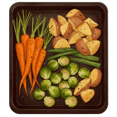Roasted Vegetables on a Dark Tray with Carrots Potatoes Green Beans and Brussels Sprouts