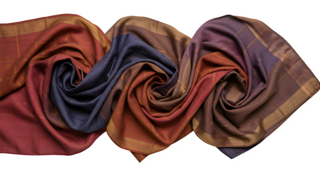 Dupatta folded in creative patterns isolated on white background.