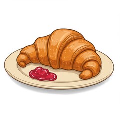 Golden Croissant with Red Jam on Ceramic Plate Food Still Life Illustration