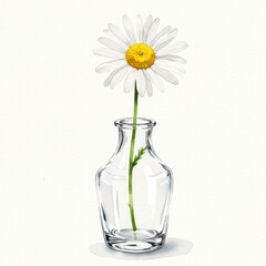 Watercolor Painting of a Single White Daisy in a Clear Glass Vase on White Background